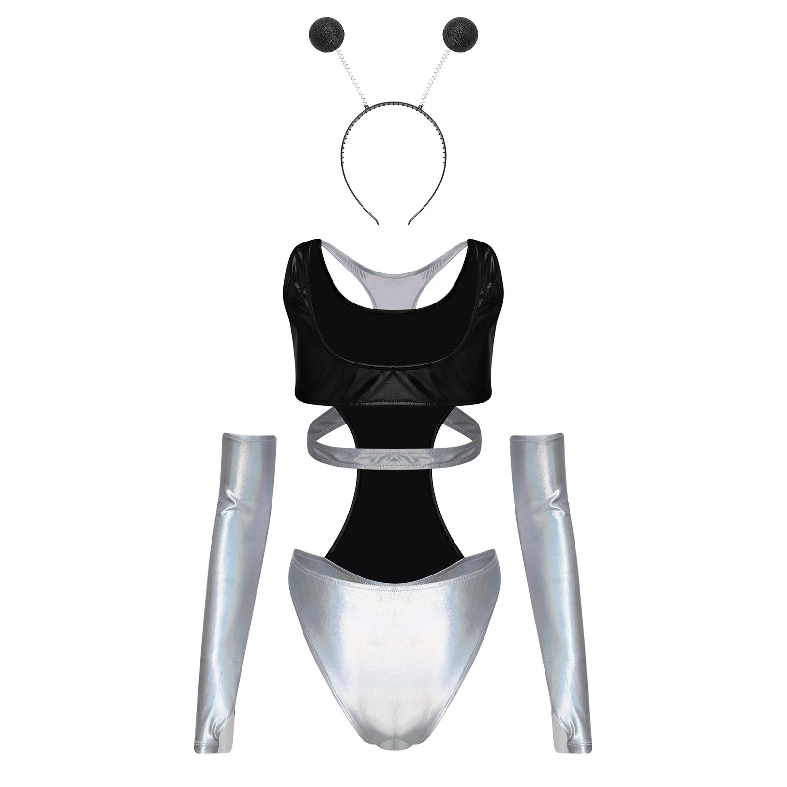 

Women Metallic Shiny Alien Astronaut Costume Halloween Outer Space Outfits with Hollow Out Bodysuit Sleeves And Headwear Suit