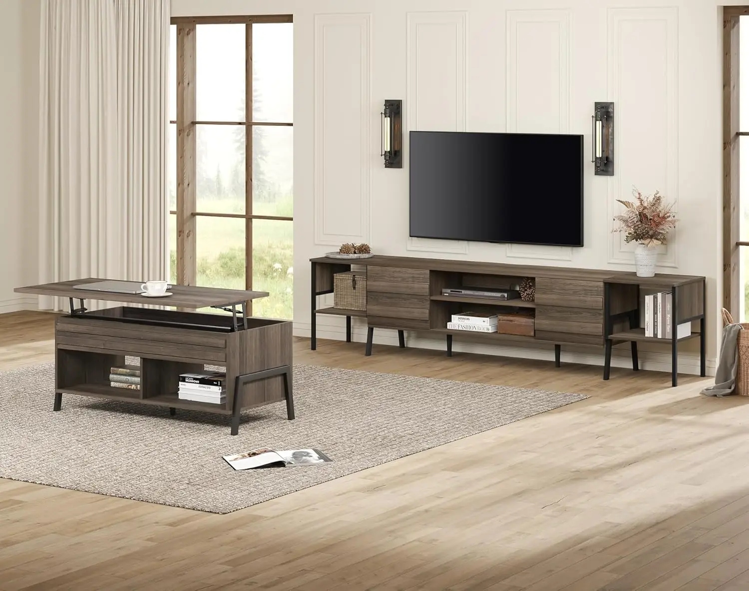 Conjunto de mesa de sala de estar moderno de meados do século, 2 peças, mesa de console de suporte de TV de 90 polegadas para TVs de até 95 polegadas, café com parte superior elevatória de 42 polegadas