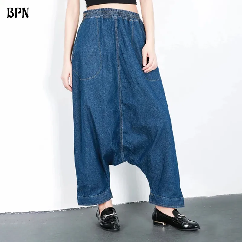 BPN Casual Loose Wide Leg Jeans For Women High Wiast Patchwork Pockets Minimalist Soild Denim Harem Pant Female Fashion Clothing