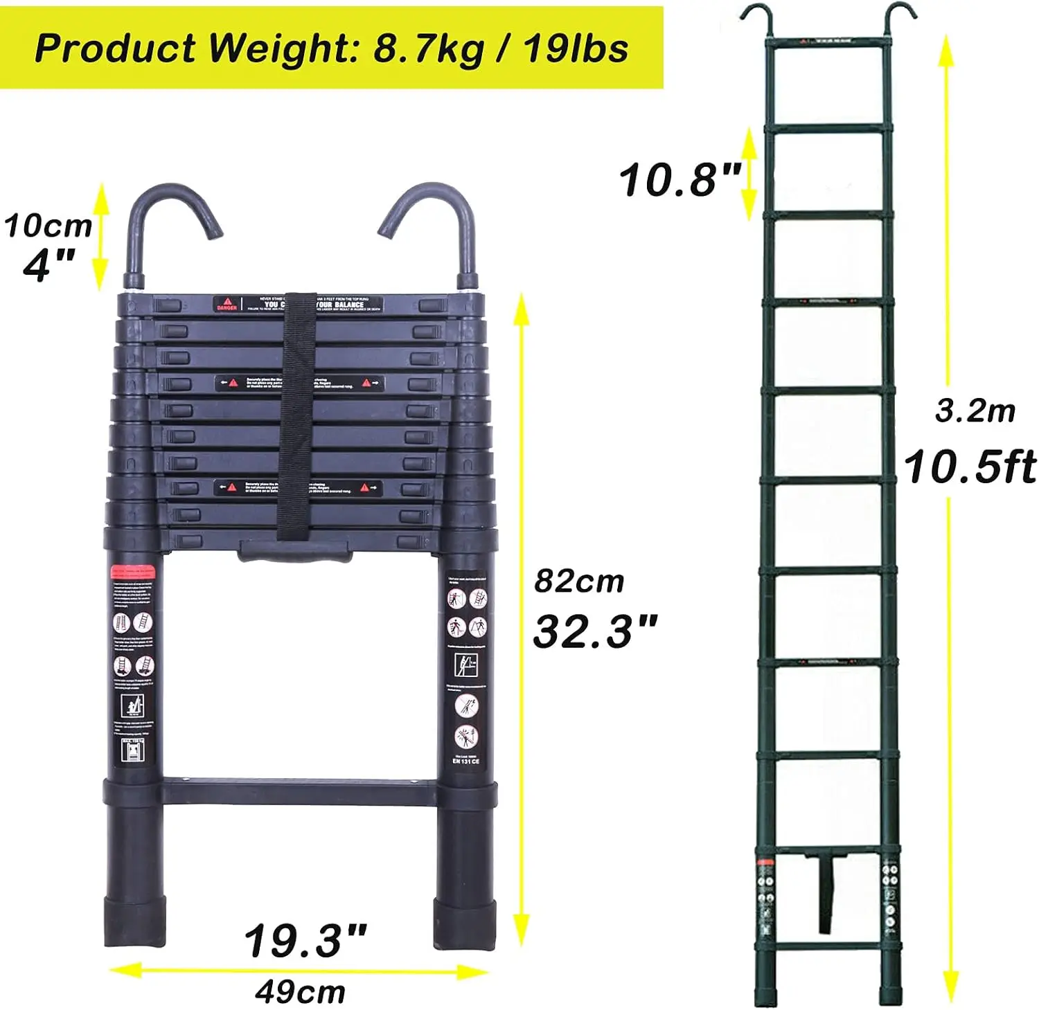 10.5ft Step Ladder Aluminum Telescoping Ladder with Detachable Roof Hooks, Black, 330lbs Load Capacity, Heavy Duty Portable