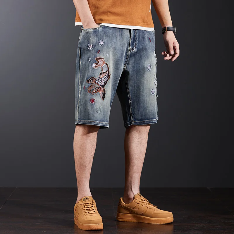 Chinese Style Koi Embroidered Denim Shorts Men's Ripped Trendy Retro Street Casual Fashion Personality plus Size Shorts