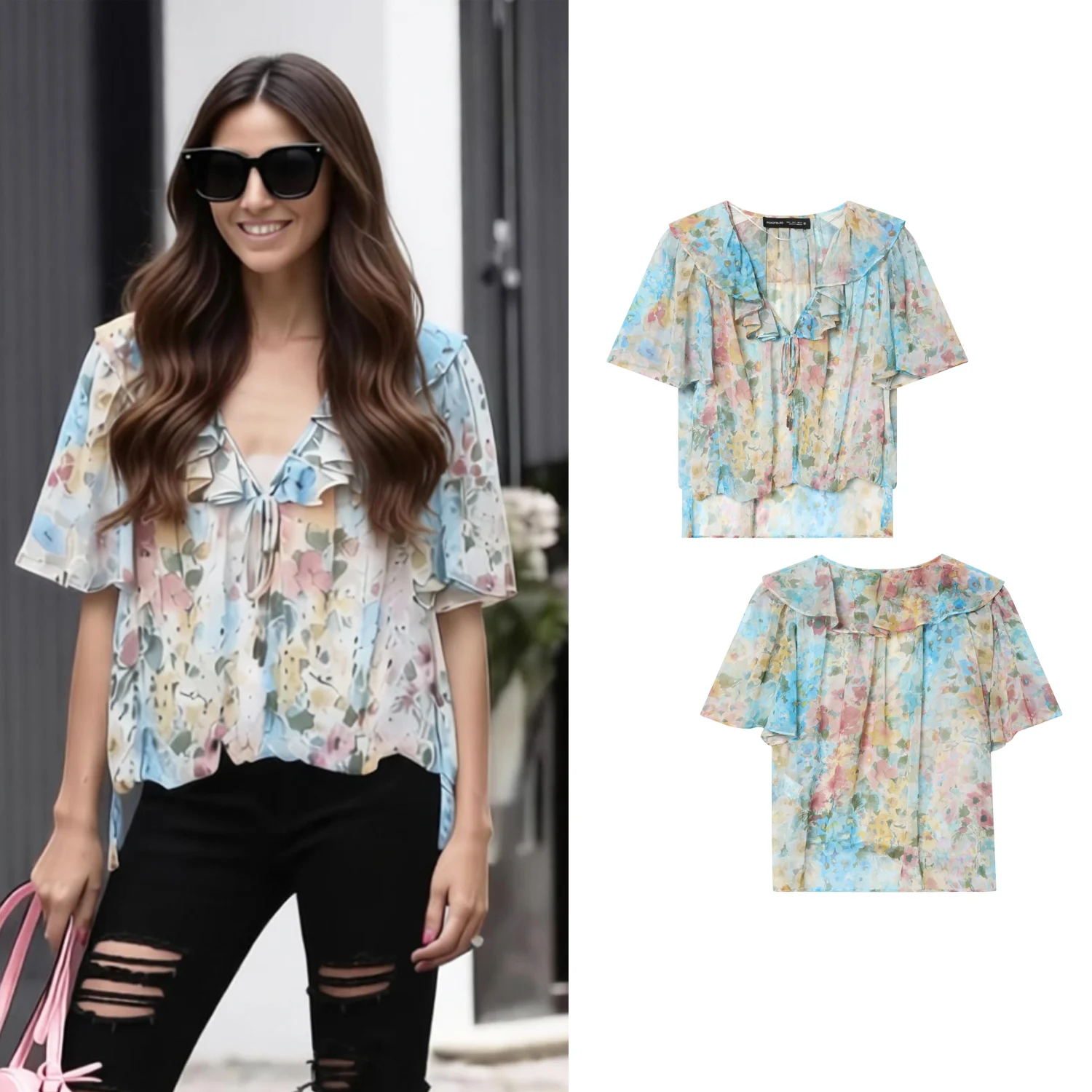 

Women Casual Flower Printed Blouses Shirt Summer Female Chic Layered Lady V-Neck Pleated Ruffled Shirts