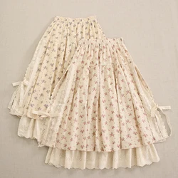 Spring New Japanese Sweet Mori Girl Vintage Floral Printed Skirts Women Elastic Waist Double Layer Casual Loose A-Line Skirts