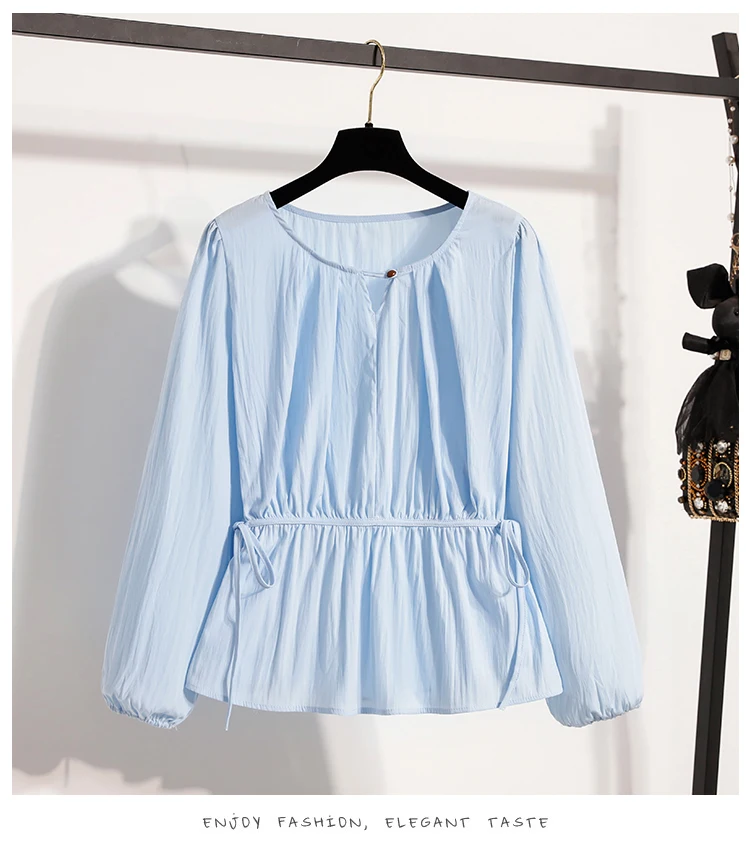 2026 Weiße Bluse mit Kordelzug-Taille, langen Ärmeln, lockerem Schnitt, verjüngendem Peplum, Babydoll-Stil, lässiges Top aus Crinkle-Stoff – Detail 17