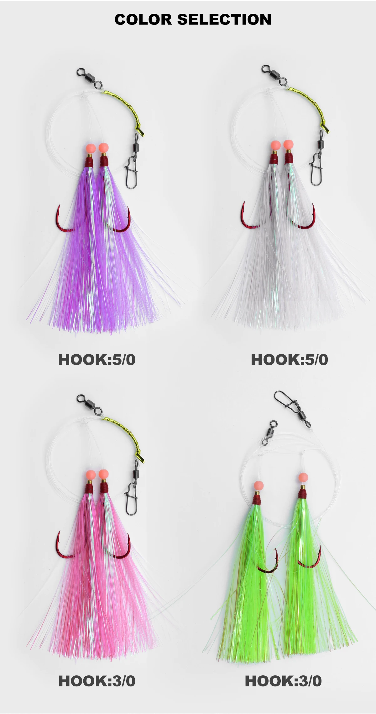 ZYZHE 1 Stück Salzwasser-Angelrig mit 3/0 # 5/0 # Doppelte rote Oktopus-Haken, farbige Seiden-Surf-Angelhaken, Flunder-Rigs – Detail 6