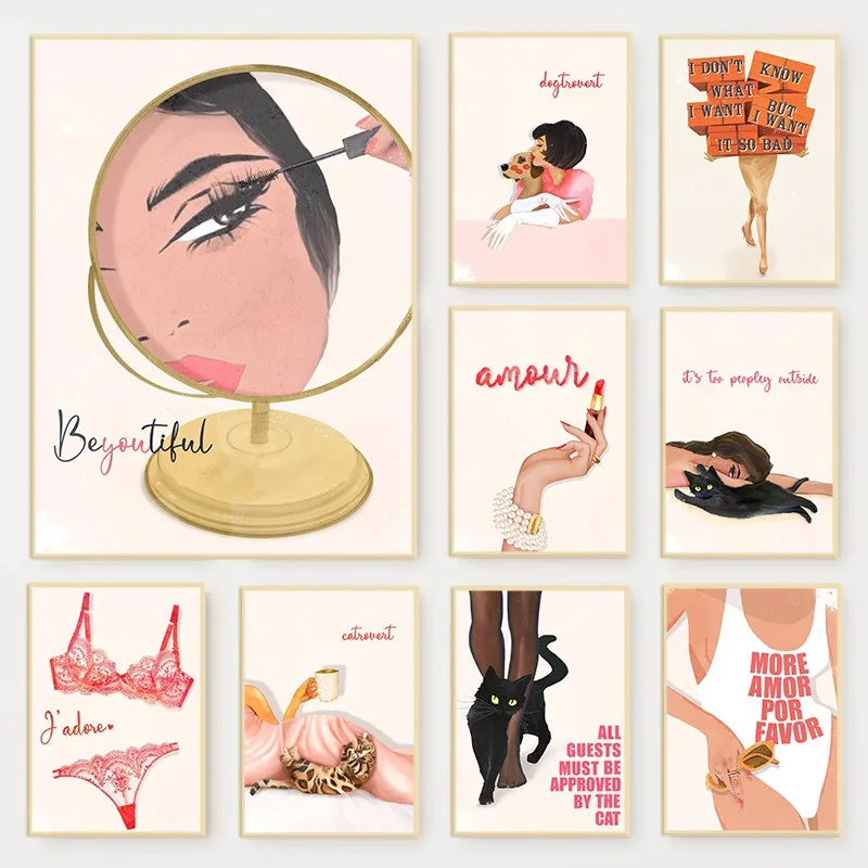 Retro Glam Fashion Magazine Poster Pink Luxury Beauty Makeup Quote Trendy Canvas Painting Wall Art for Girly Bathroom Home Decor
