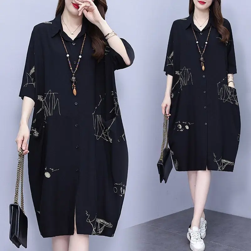 

plus Size Casual Shirt Dress for Women Summer Simple Single Button Collar Loose Mommy Clothes Printed Patch Pocket