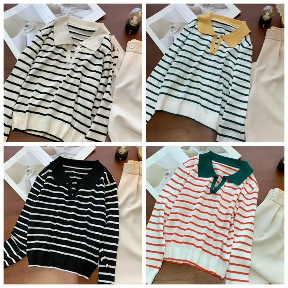 Elegante decote em v listra manga longa topo fino ajuste fino y2k retalhos malhas lapela pulôver listra camiseta mulher