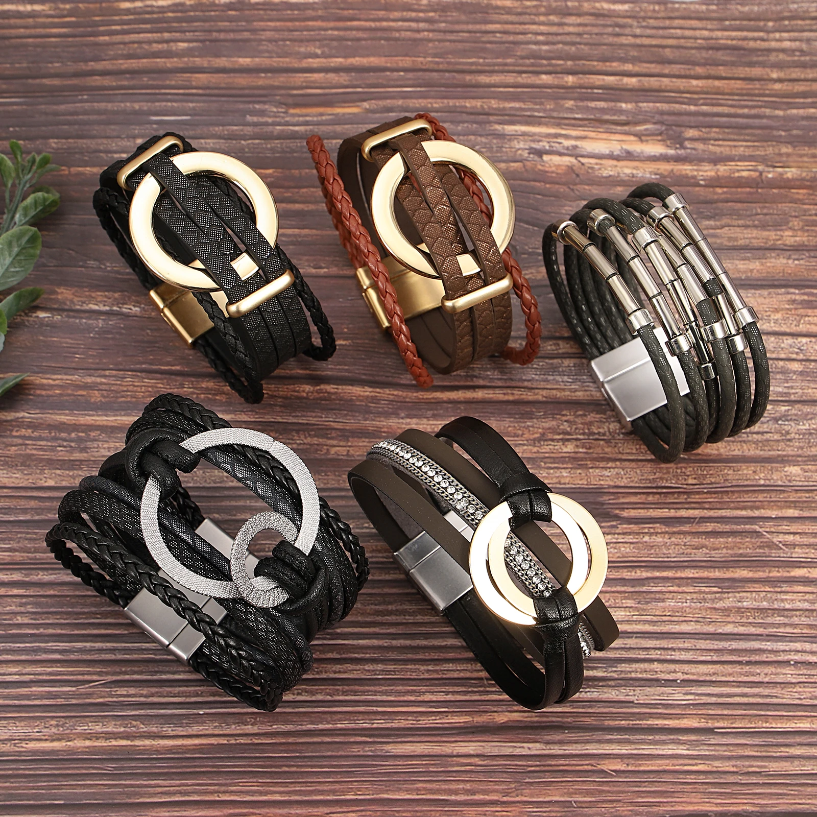 

Amorcome Classic Hollow Out Large Circular Metal Buckle Leather Bracelet Women Multilayer Woven Stackable Bracelet Jewelry Gift