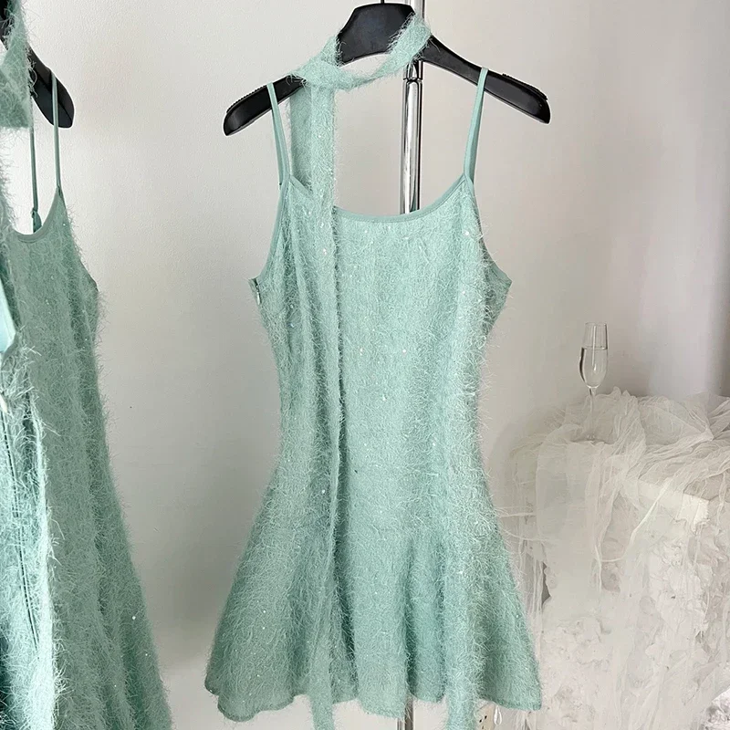 French Elegance Green Fairy Dresses Temperament Streetwear Spaghetti Strap Dress Diamonds Luxury Beach Sundress Fashion Summen