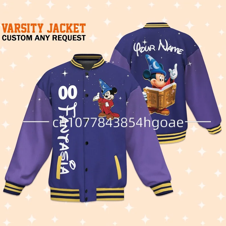 Free Customized Name Disney Minnie Baseball Jacket Disney Casual Baseball Jacket Oversize Street Men\'s and Women\'s Jacket