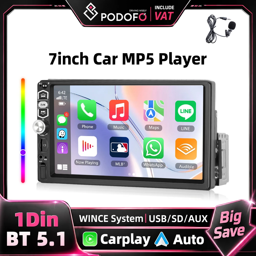 Autoradio Podofo 7 pouces, lecteur MP5, Carplay filaire, Android Auto, Mirror Link, écran tactile LCD 1024*600, autoradio multimédia, Bluetooth, radio FM, commande au volant, prise en charge de la caméra de recul, entrée AUX, autoradio stéréo