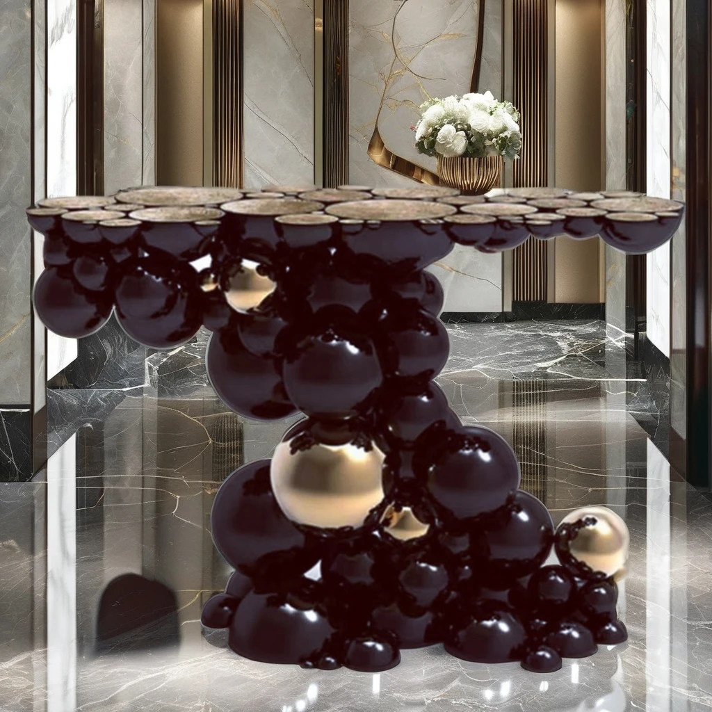Contemporary Modern Hand Carved Stainless Steel Console Table Upscale Black Lacquered Gold Accents Entry Hotel Home Villa