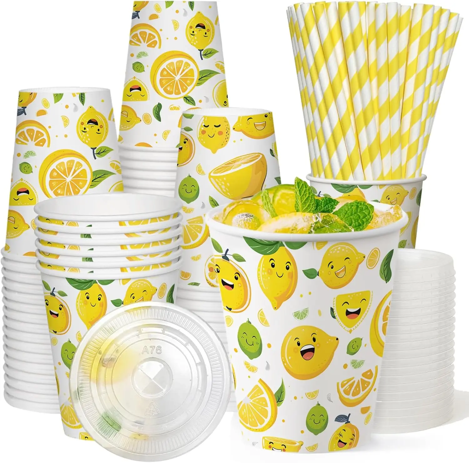 

50 Sets 150 Pcs 9 Oz Lemonade Cups With Lids And Drinking Straw, Lemonade Stand Supplies, Lemon Patterned Summer Cold Dr