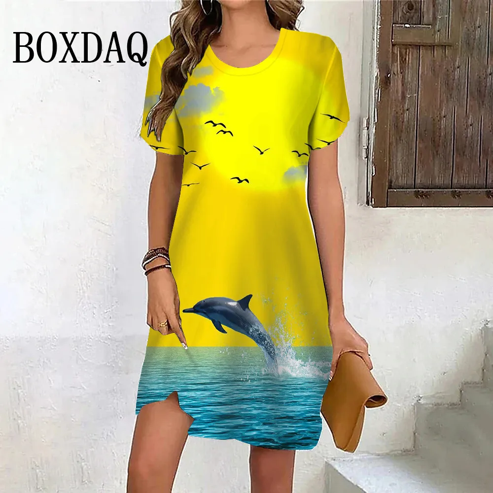 Summer Fashion Cute Dolphin Graphic Dress Women Casual Beach 3D Printed Animal Pattern Dress O-Neck Short Sleeve Plus Size Dress