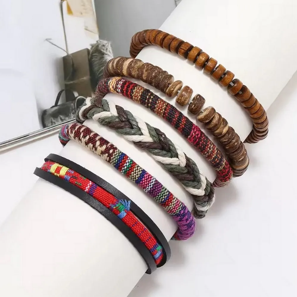 6-قطعة/المجموعة سوار البوهيمي المنسوجة يدويا سوار حبل العرقية نمط ملون خشبي حبة سوار للنساء الرجال للجنسين مجوهرات جديد #3