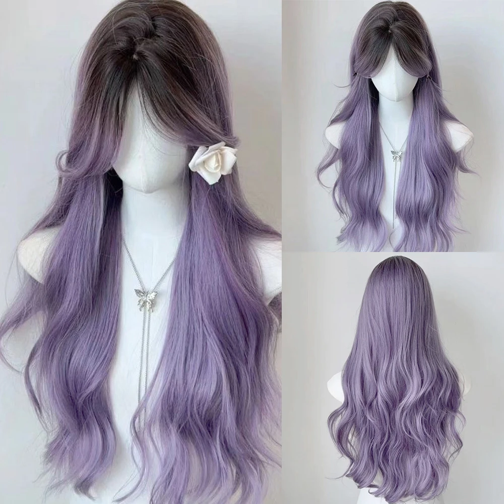 Long Wavy Ombre Purple Wig Synthetic Fluffy Heat Resistant Women Wig for Daily Party Lolita Cosplay