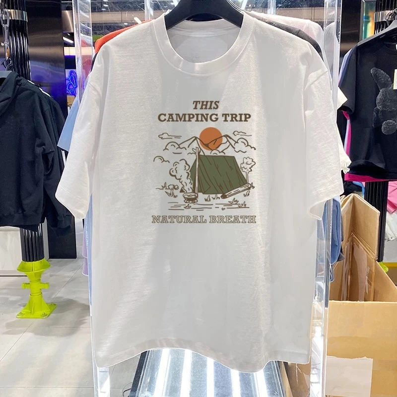 

Лето 2029, новая ретро и модная хлопковая футболка с принтом для кемпинга, свободный и повседневный мужской и женский топ с короткими рукавами