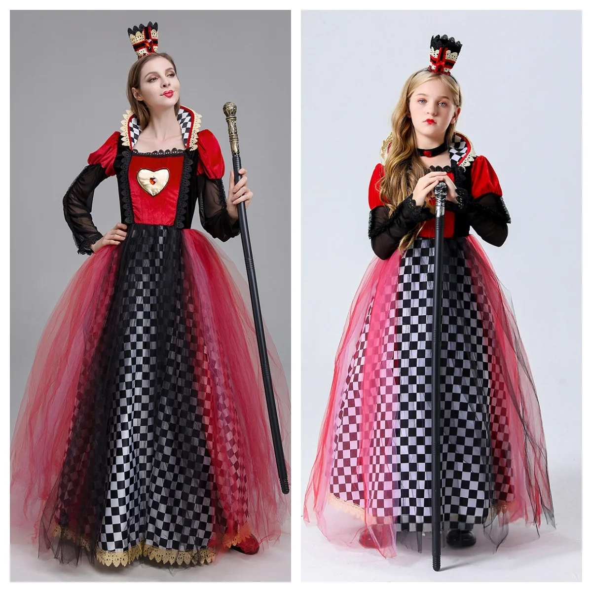 

Large Size Adult Halloween Mad Hatter Dreamland Red Heart Queen Costume Parent Child Heart Queen Outfit Stage Performance Dress