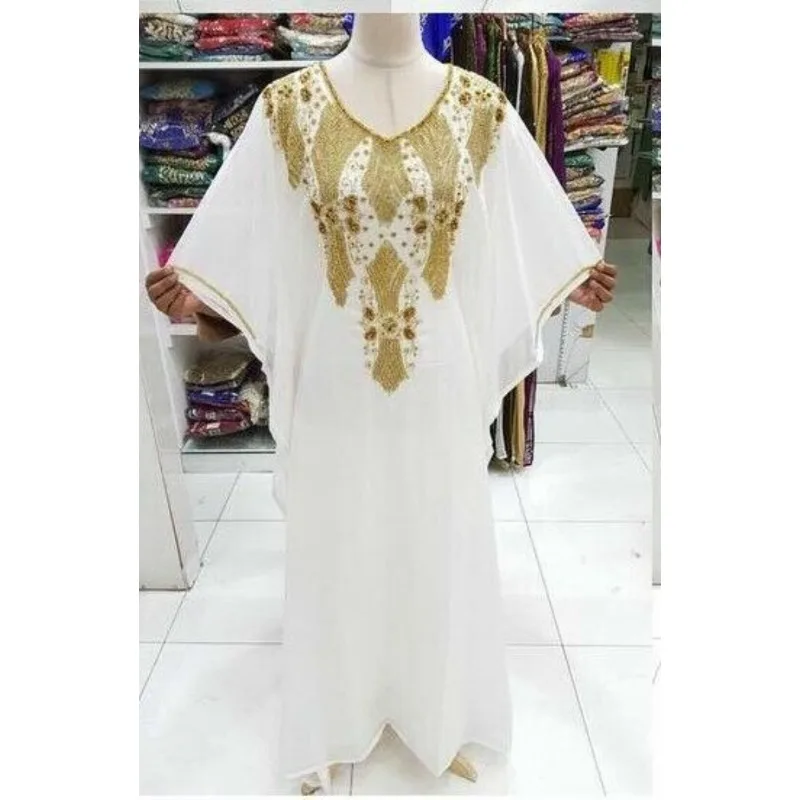 

Dubai Kaftan Half Sleeve Gowns V-neck Floor Length Dress Handmade Luxury Beaded Decoration