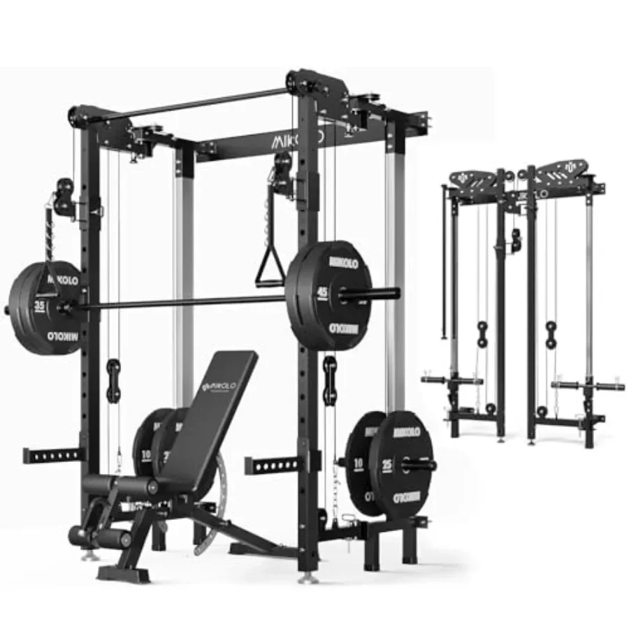 

Home gym folding squat rack, steel wall-mounted power rack with cable crossover LAT pull down, black, space-saving 5-mode funct
