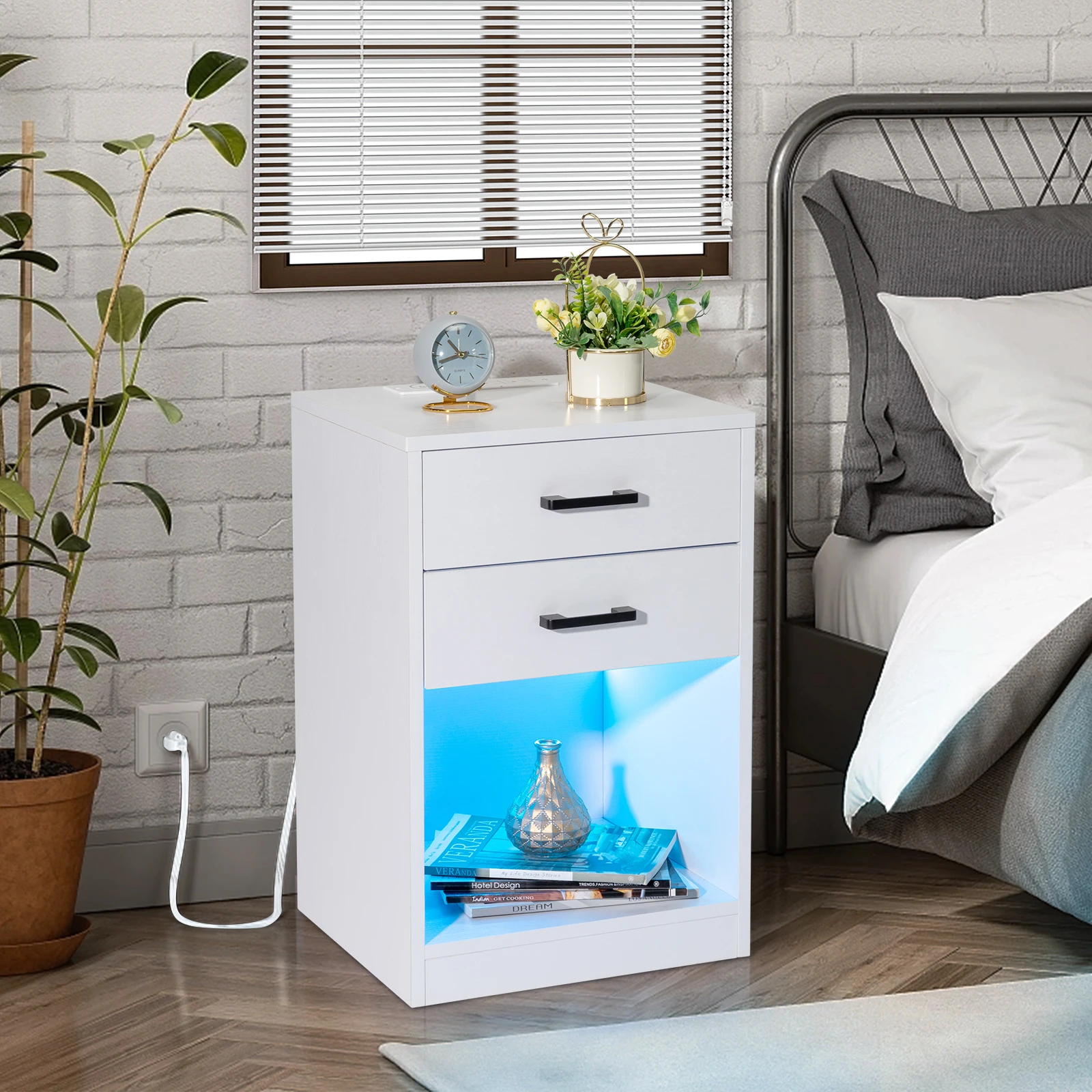 FCH 40x35x60CM Particleboard Pasted Triamine Nightstand 2 Drawers With Socket & LED Light Bedside Table White/Black[US-Stock]