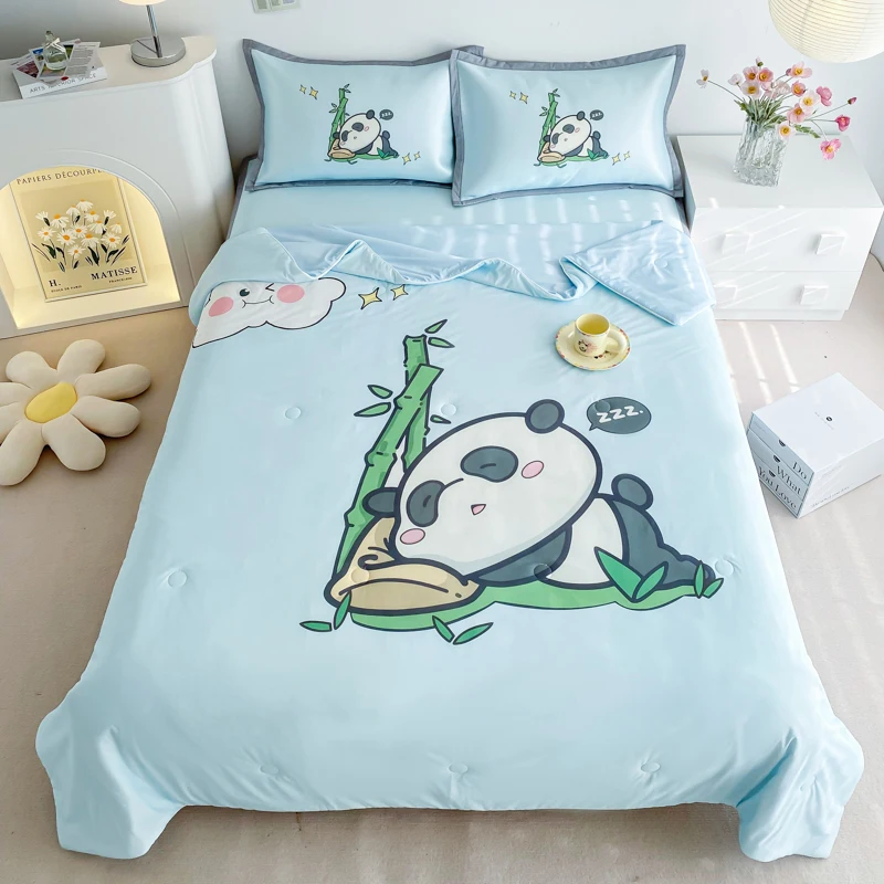 

New Cartoon Panda Summer Quilt Cool Feeling Quilted Quilt Boys Girls Air Conditioning Thin Comforter Skin-Friendly Breathable