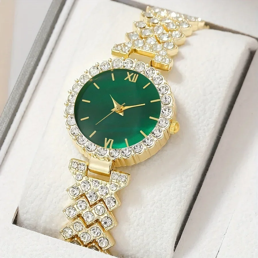 Women's Watch Elegant Rome Fashion Quartz Watch Sparkling Rhinestone Analog Wrist Watch & 6pcs Jewelry Set, Gift For Mom Her