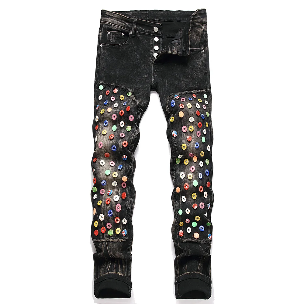 

Men Punk Buttons Black Jeans Rivet Fringe Patch Stretch Denim Pants Button Fly Slim Straight Trousers