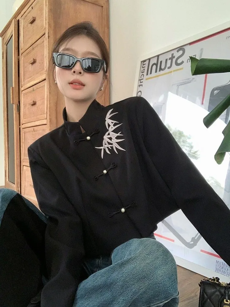 New Chinese Style Retro Print Blazer Mujer Y2k Stand Single Breasted Blusas  2025  Long Sleeve Lblack Shirts Women