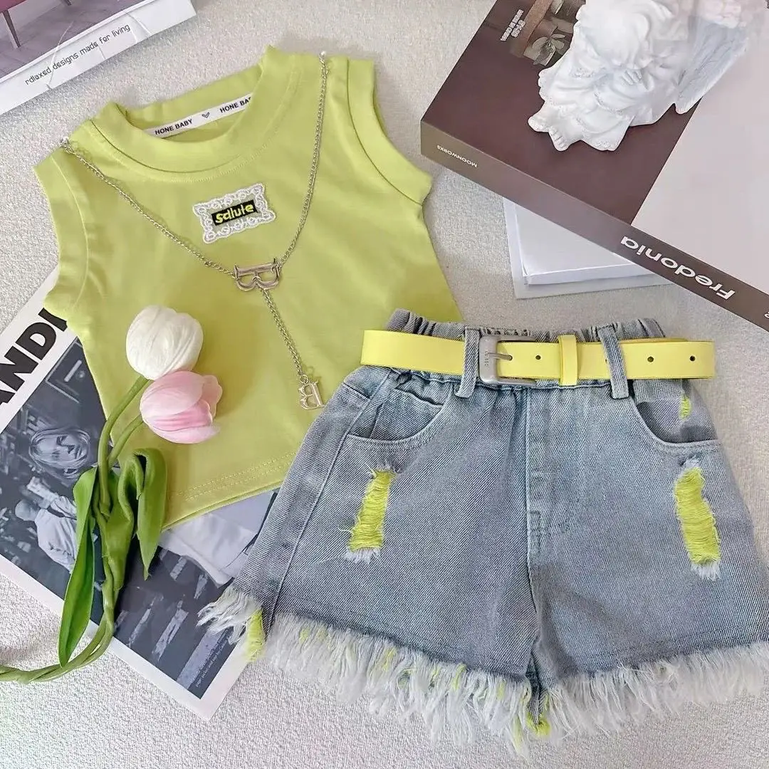 Girls Summer Vest Set 2026 New Style Fashionable Casual Versatile Distressed Denim Shorts Childrens Summer Outfit