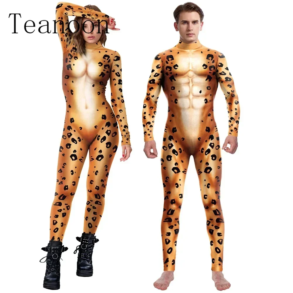 Halloween Purim Carnival Cosplay Animal Women Long Sleeve Jumpsuit Leopard Pattern Bodysuits Zentai Bodysuit Dress Up Outfits