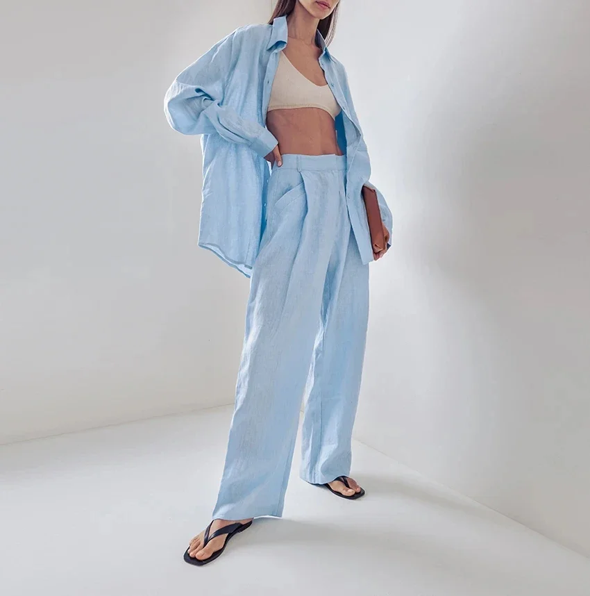 

Blue Casual 100% Cotton Pajamas for Women Outfits Pants Sets Office Ladies Oversize Two Pieces Suits Loose Homewear Lounge Set