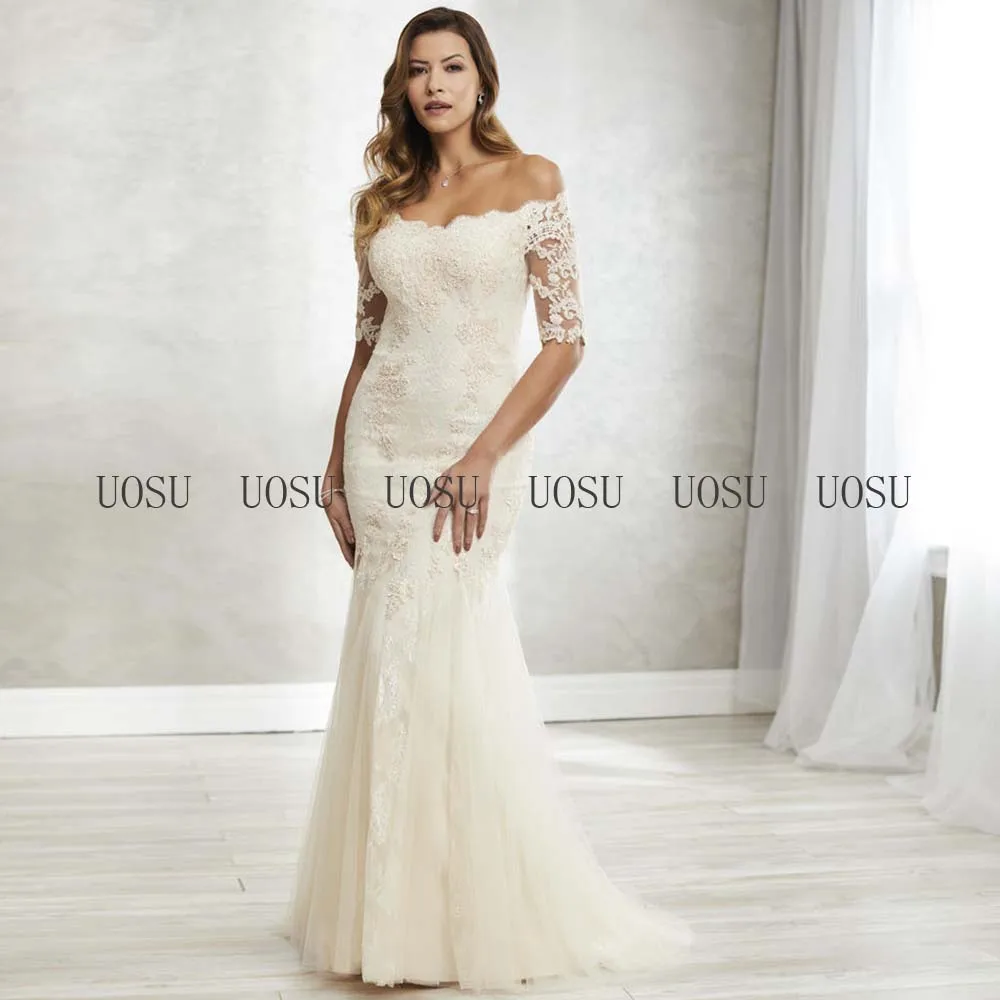 ชุดเจ้าสาว Elegant 2022 Off Shoulder Mermaid Wedding Gowns สำหรับผู้หญิงครึ่งแขนชุดกลางคืน