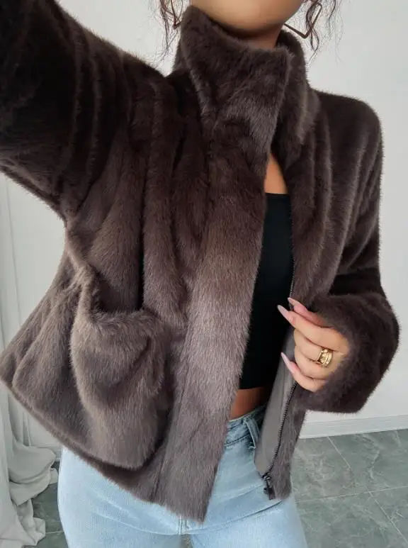 秋冬新作 無地 ハイネック プラッシュ スプライシング 暖かい ショートジャケット レディース カジュアル 大きめポケット付き プラッシュコート