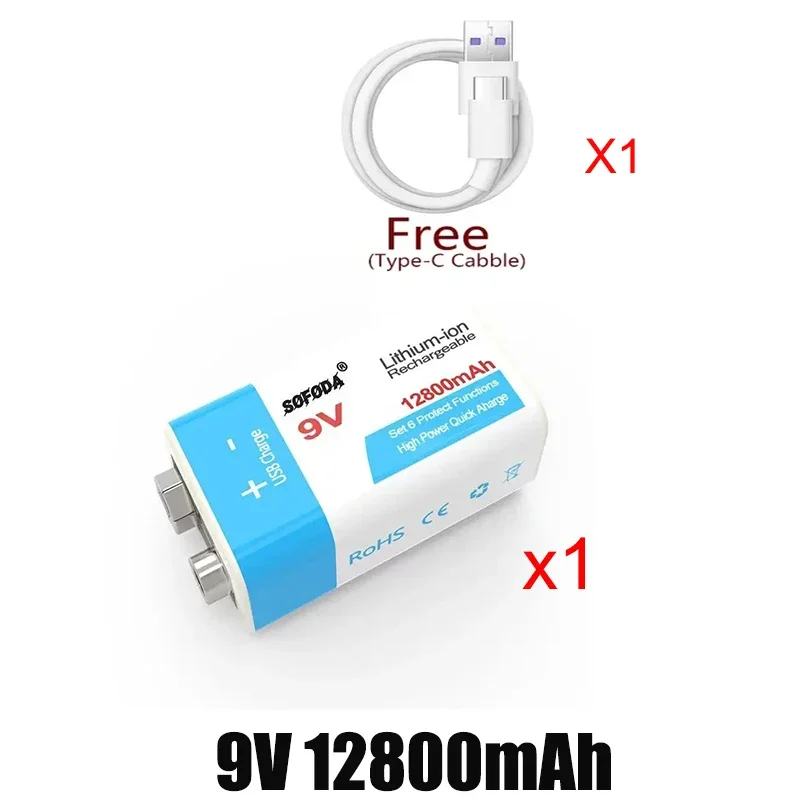 9V Rechargeable Battery 12800mAh 6F22 Micro USB 9v Li-ion Lithium Batteries for Multimeter Microphone Toy Remote Control KTV