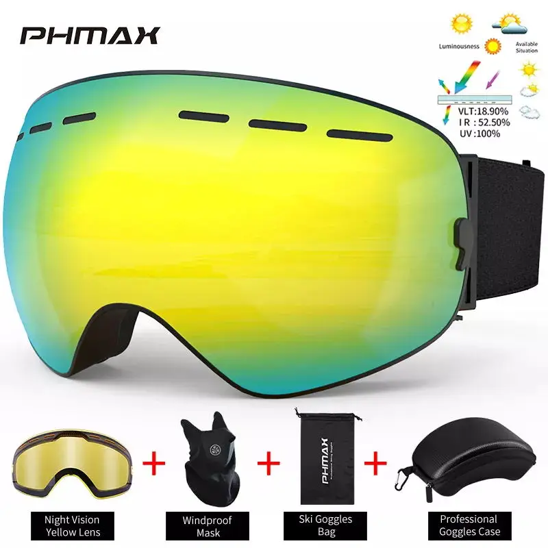 

PHMAX Ski Goggles Double Layers Lens Ski Glasses UV400 Protect Anti-Fog Snowboard Goggles Outdoor Sport Skiing Eyewear Men Women