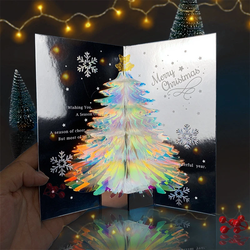 Shining Christmas Tree Greeting Card 3D Pop Up Christmas Card with Envelope Creative Blessing Card for Friend New Year Xmas Gift