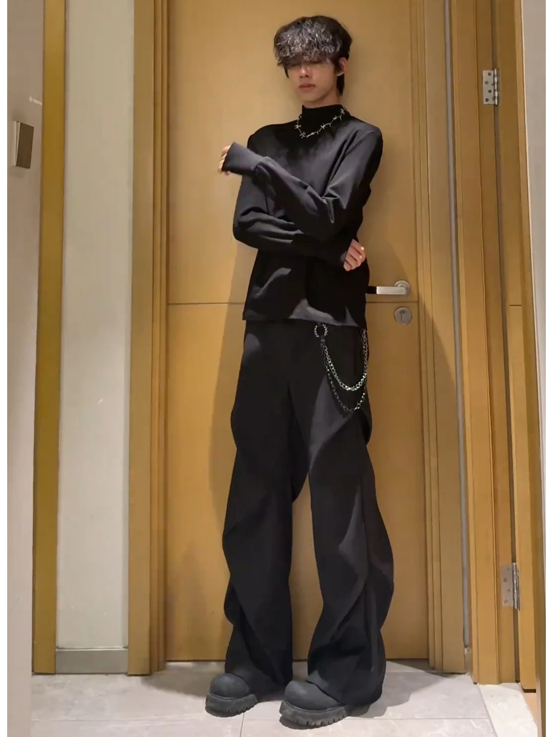 

Cleanfit Men's Pleated Wide Leg Pants Long Trousers Autumn Workwear High Waist Extended Length Casual Faion Youth Sle