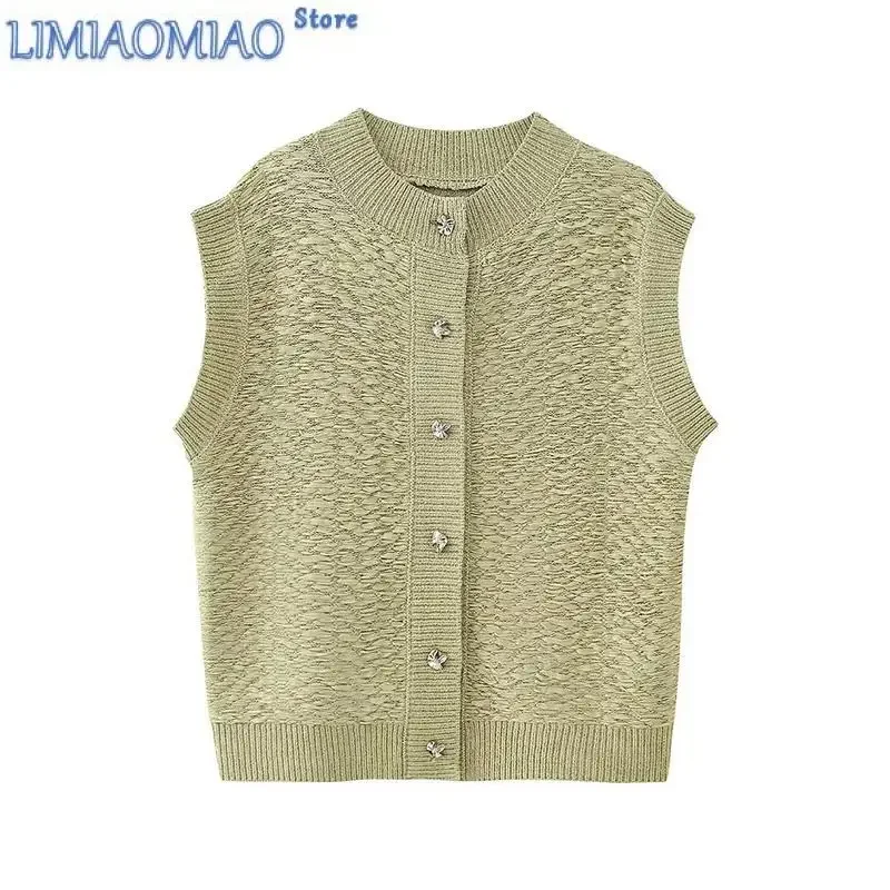 Casual Green Knitted Vests Sweater Women Chic Single-breasted Sleeveless O-neck Cardigan 2024 Autumn Lady High Street Knitwear