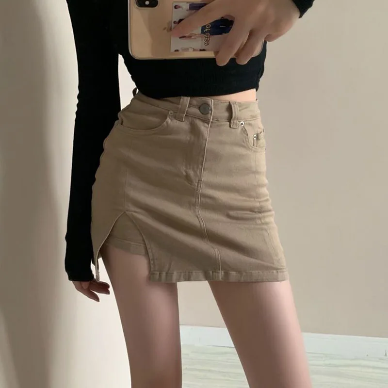 

Korean Summer Solid Color High Waisted Short Skirt Style Women's Denim Skirt Sexy Slim Fit Anti-Glare Mini Skirts Woman