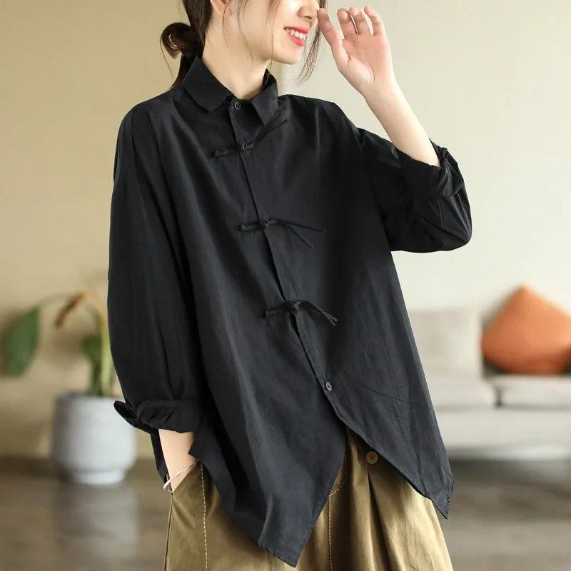 

New Chinese Button-up Shirt for Women Long-sleeved Loose Casual Irregular Slit Tea Clothes Top