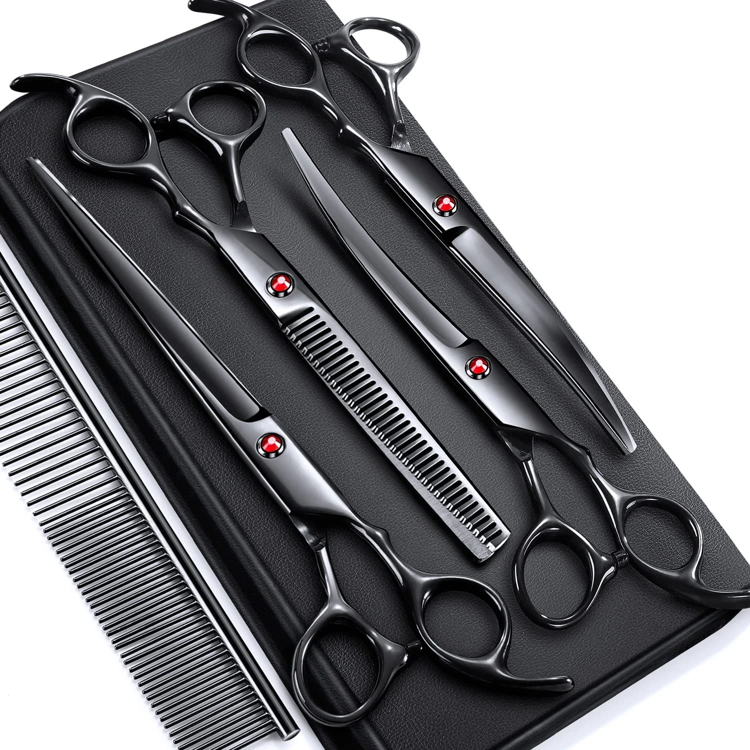 

7 in Stainless Steel 6 in 1 Professional Heavy 4CR Titanium Coated Straight Thinning Dog Grooming Scissors Kit