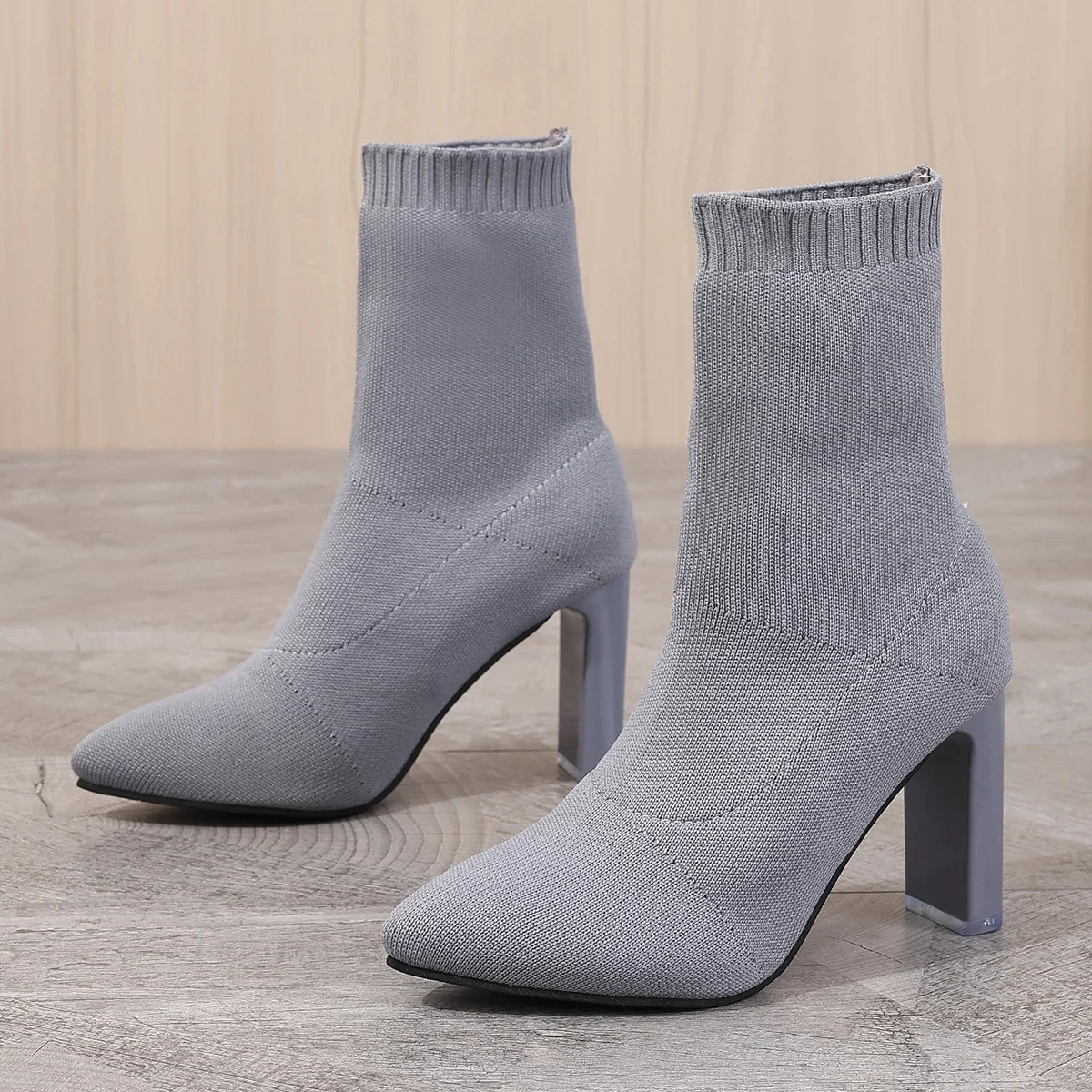 2024 Autumn and Winter Boots Pointed Toe Chunky Heel High Heels Knitted Elastic Socks Boots Women\'s High Heel Boots Botas Mujer