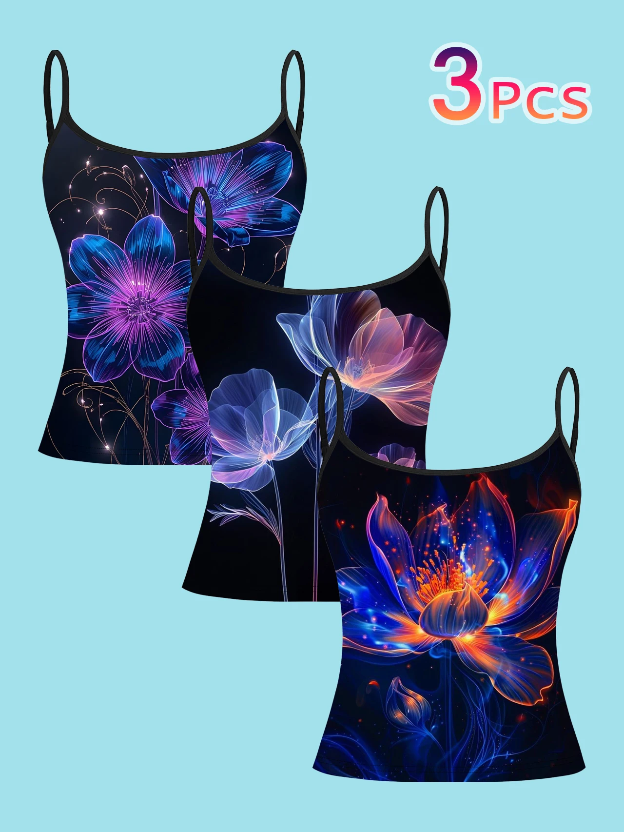 3-Pack Women's Fluorescent Neon Floral Print Camisole Cyber-Style Colorful Luminous Floral Slim-Fit Spaghetti Strap Sleeveless Base Top