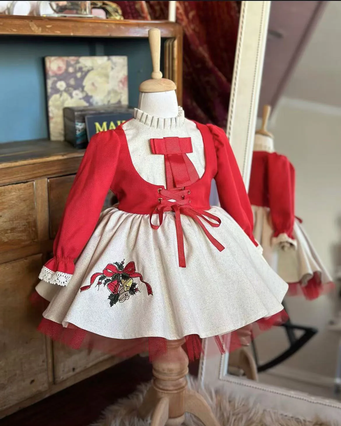 Baby Girl Spring Red Small Bell Candy Cane Embroidery Apricot Vintage Princess Dress Boy Suit for Eid Birthday Causal Party