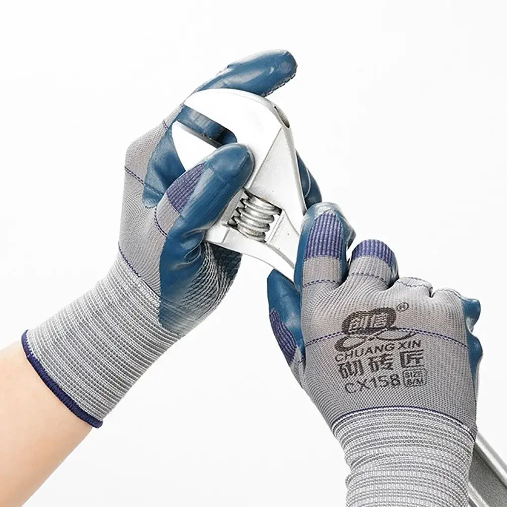 Blue Embossing Work Gloves Nylon Breathable Latex Work Safe Gloves Antiskid Stretchable Protective Mittens Construction Site
