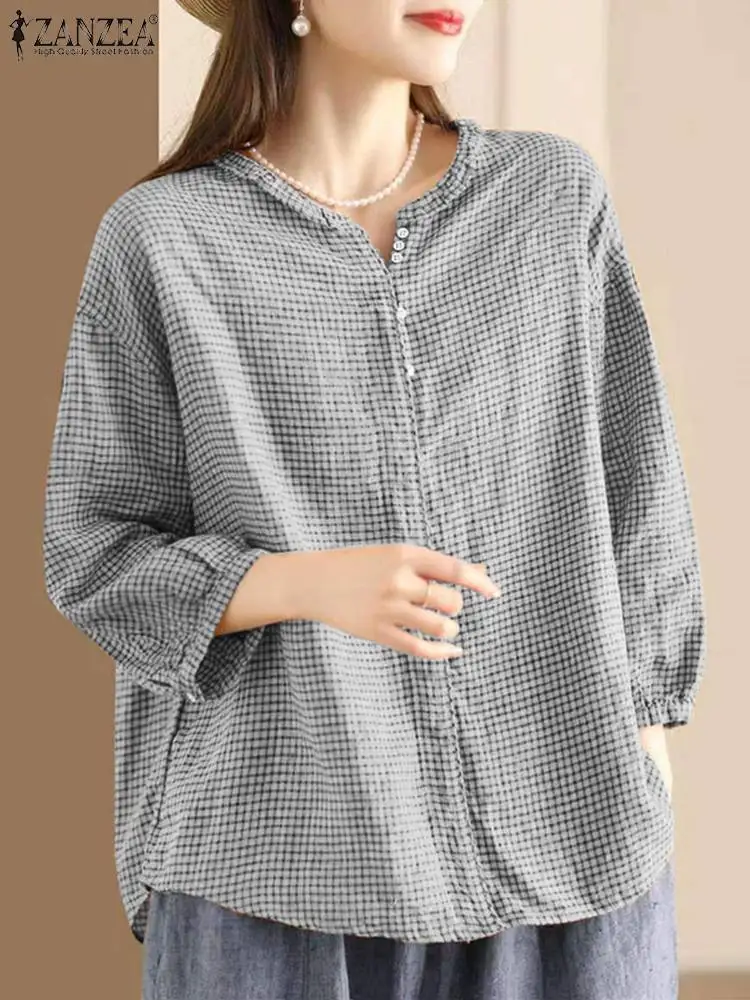 ZANZEA Fall 2024 3/4 Sleeve Gingham Blouses Checked Women Harajuku Ruffles Blusas Korean Fashion Holiday Casual Loose Shirt Tops