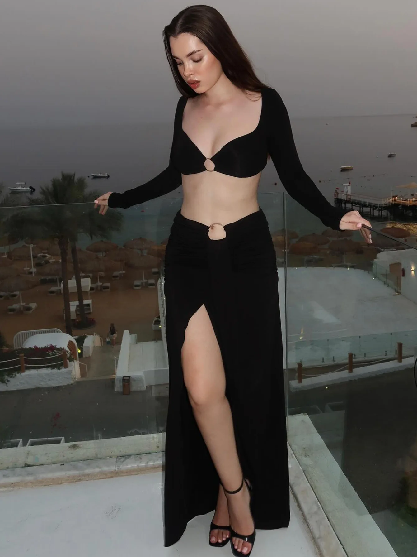 

FDYOUI Elegant V-neck Long Sleeve Cropped T-shirt Top+Skirt 2 Piece Set Women 2025 Autumn Circle Patchwork Hollow Out Dress Suit