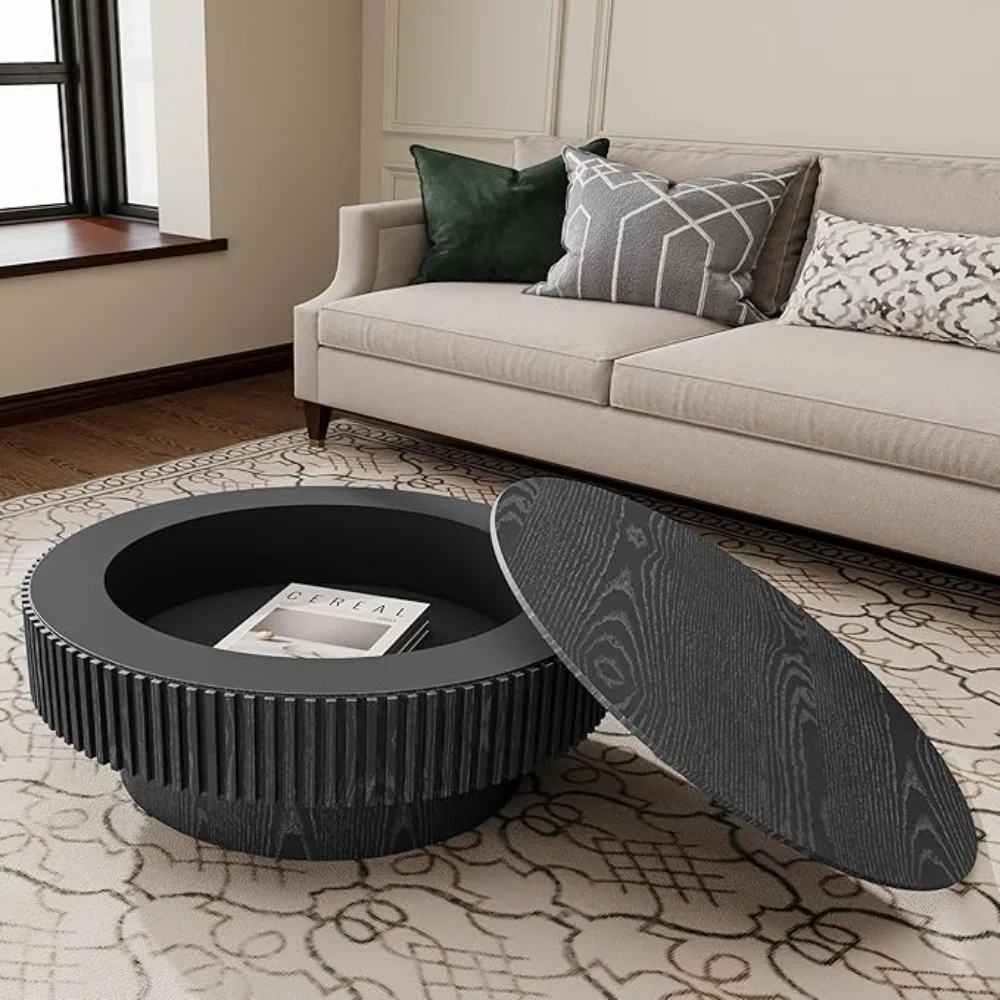 

Round Coffee Table with Storage Wood Circle Coffee Table for Living Room Contemporary Fluted Coffee Table Center Table